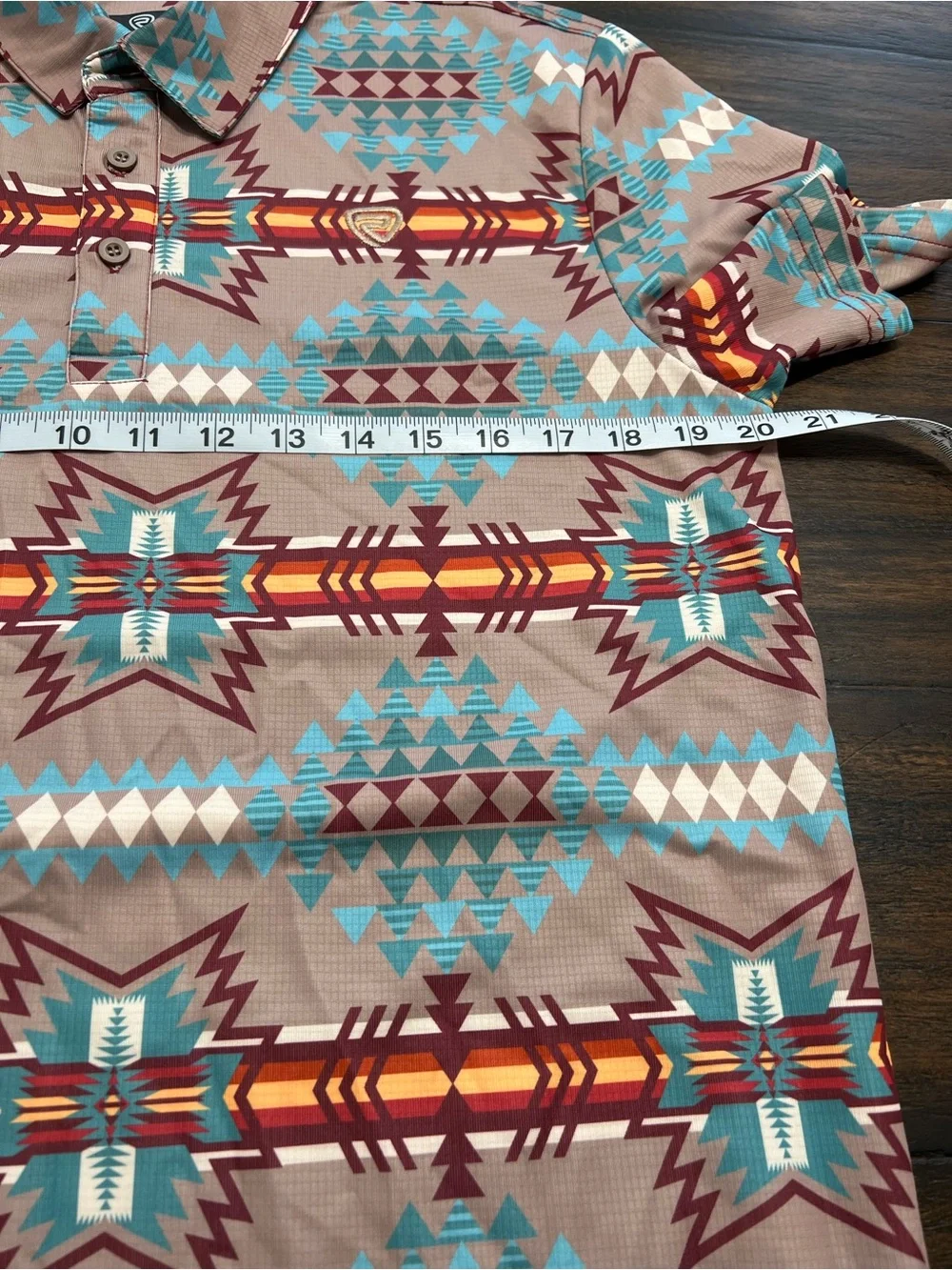 Rock & Roll Denim Aztec Print Polo Shirt Brown Aqua Red S/S Men’s Size Med
